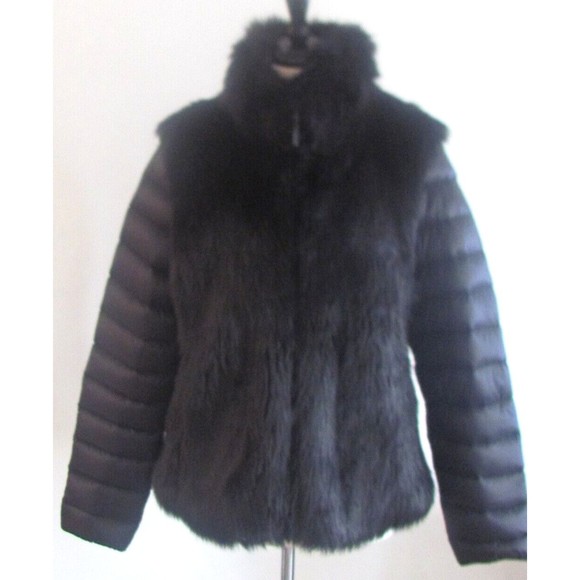 Women's Jacket Designer Juicy Couture Black Faux Fur Knitted Cuff Sleeve's Large - Picture 1 of 15